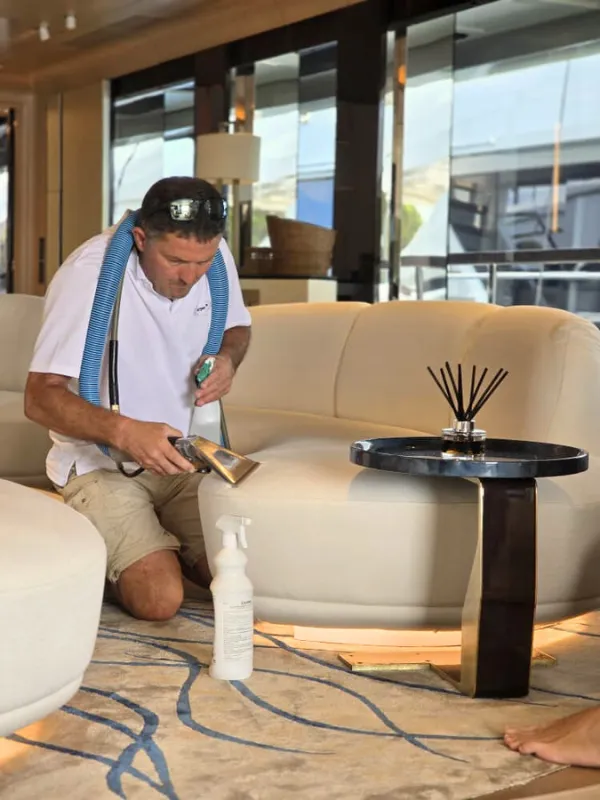 Yacht interior upholstery cleaned by hand by Carpet Care in Monaco
