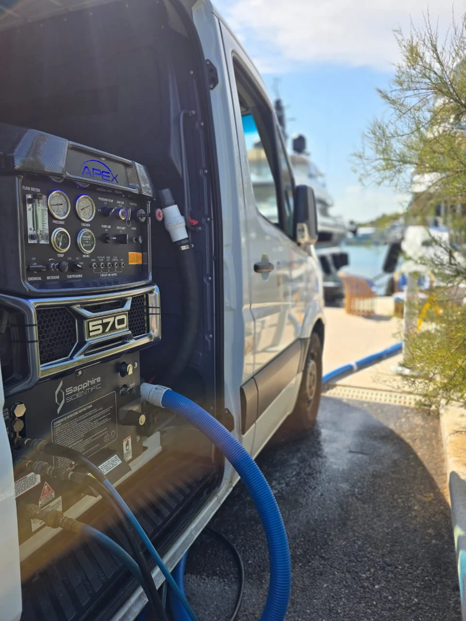 Apex 570 truck-mounted yacht carpet cleaning system used in Antibes